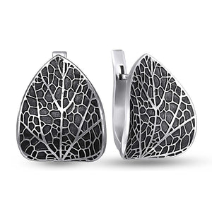 Sterling Silver Huggie Earrings Leaf Vein Blackened, sterling silver