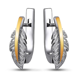 14K Gold Bonded Huggie Earrings Feather Quill, sterling silver