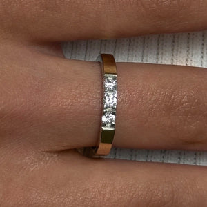 14K Gold Bonded Ring Three-Stone Band, sterling silver, worn on hand