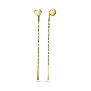 14K Gold Plated Threader Earrings Golden Petite Heart Tail, sterling silver
