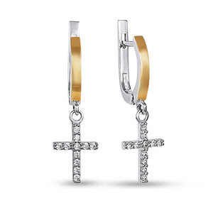 14K Gold Bonded Dangle Earrings Pavé Cross on Gold, sterling silver