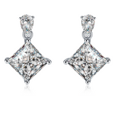 Moissanite stud earrings with a crystal prism-inspired design, showcasing dazzling, precisely cut stones set in a sleek metal frame for a modern, radiant look.