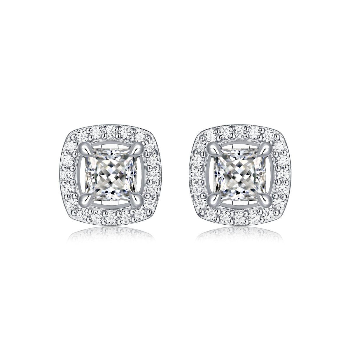 Moissanite stud earrings with a luminous square design, featuring precisely cut stones set in a sleek metal frame for a modern and elegant touch.