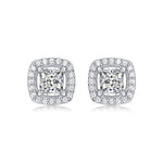 Moissanite stud earrings with a luminous square design, featuring precisely cut stones set in a sleek metal frame for a modern and elegant touch.
