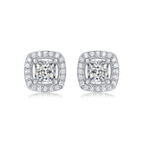 Moissanite stud earrings with a luminous square design, featuring precisely cut stones set in a sleek metal frame for a modern and elegant touch.