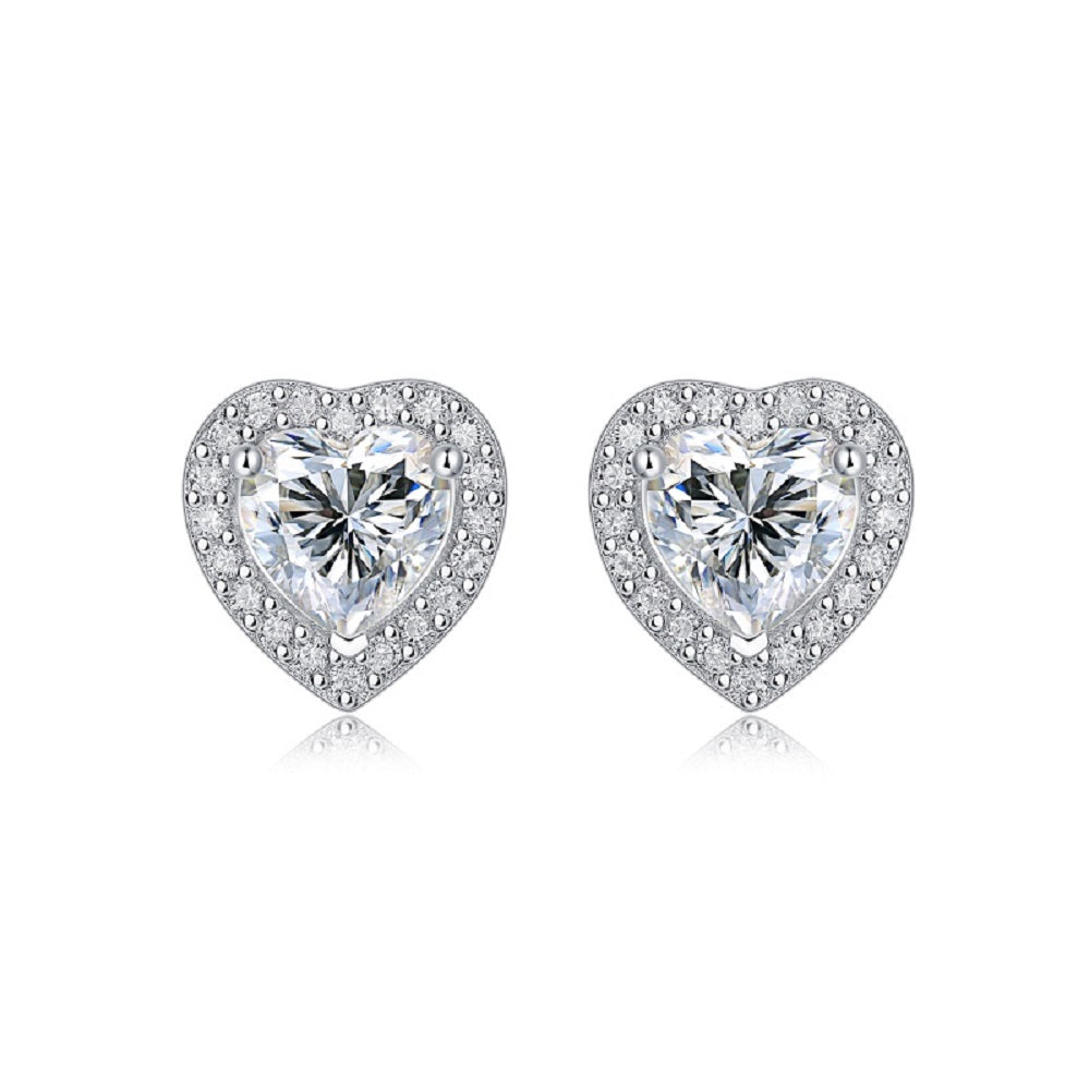 Moissanite stud earrings with a heartfelt design, featuring sparkling heart-shaped stones set in a polished metal frame for a timeless and elegant touch.