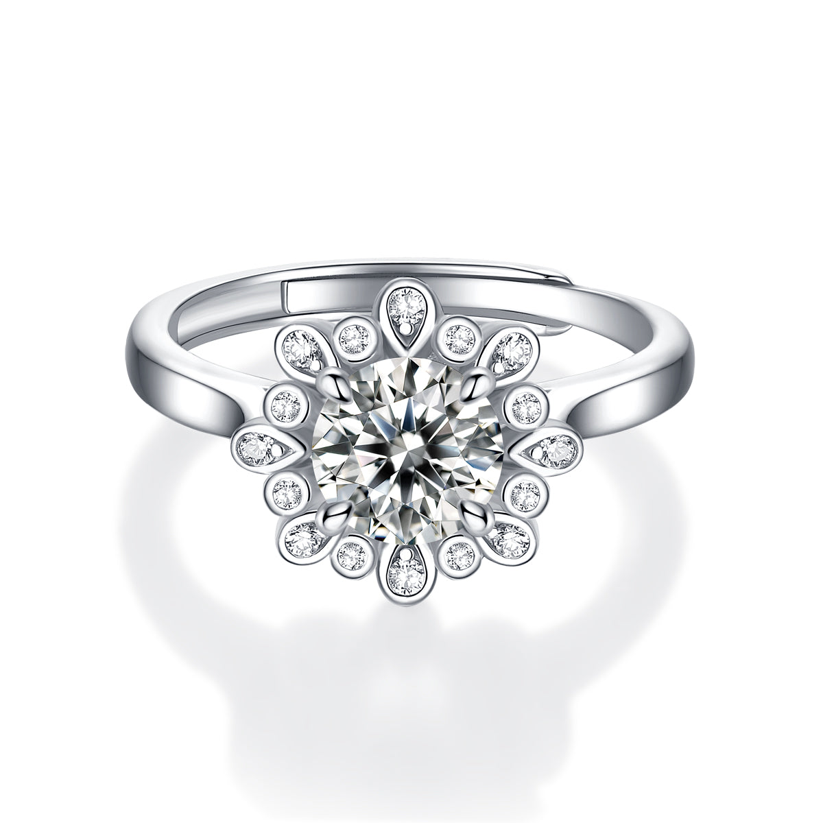 Timeless Moissanite Ring - Starry Blossom Design in a Sleek Metal Band