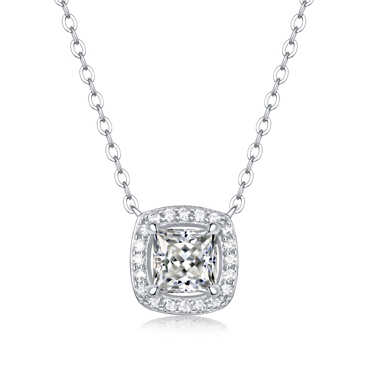 Moissanite pendant necklace with a luminous square design, featuring a precisely cut stone set in a sleek metal frame for a modern and sophisticated look.