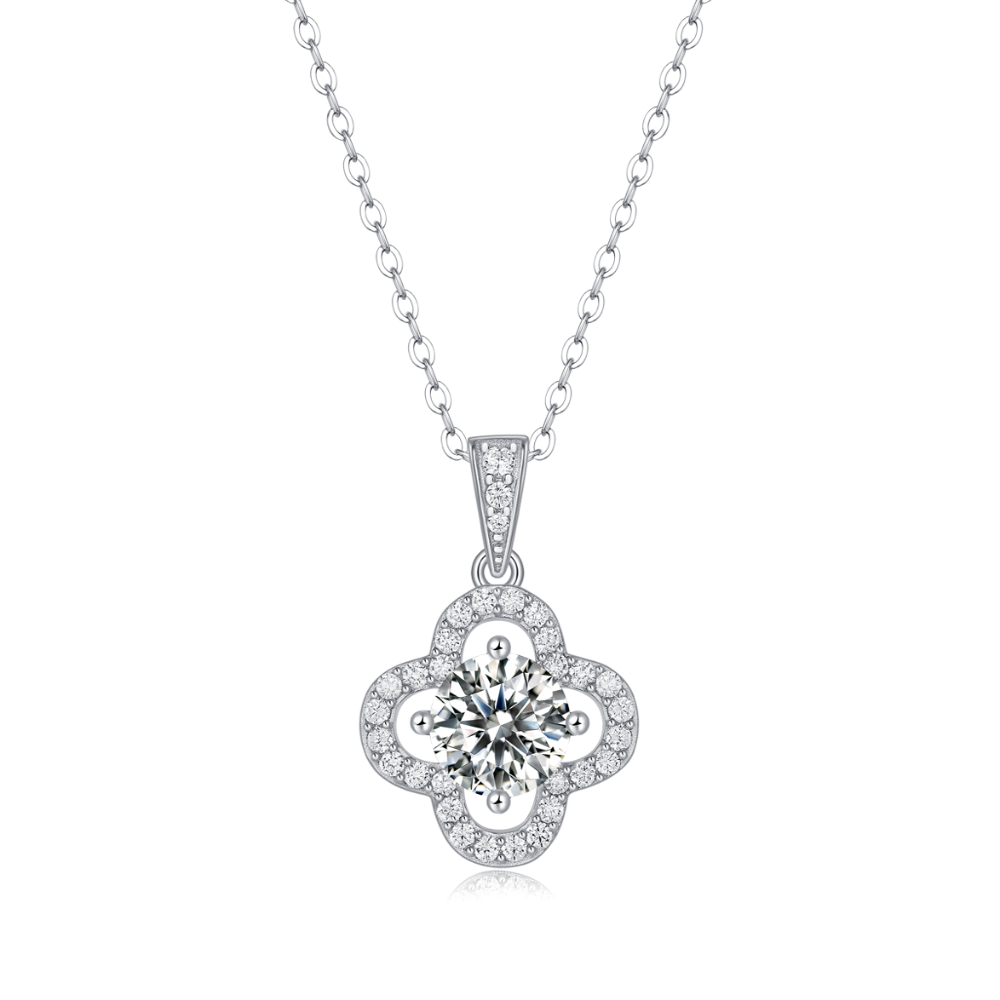 Moissanite pendant necklace with a clover bloom design, featuring sparkling stones arranged in a delicate four-leaf pattern set in a polished metal frame for a timeless and elegant look.