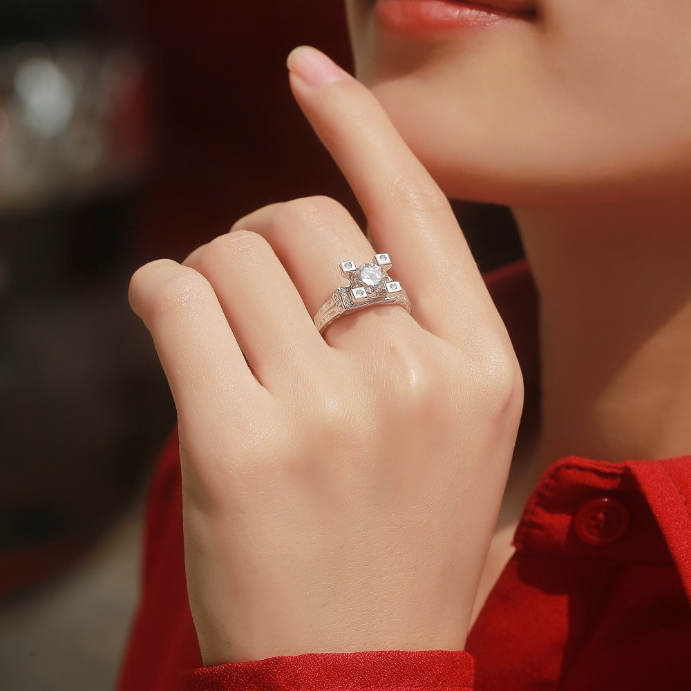 Diamond Tower Moissanite Ring - Elevated Center Stone in a Sleek Metal Setting