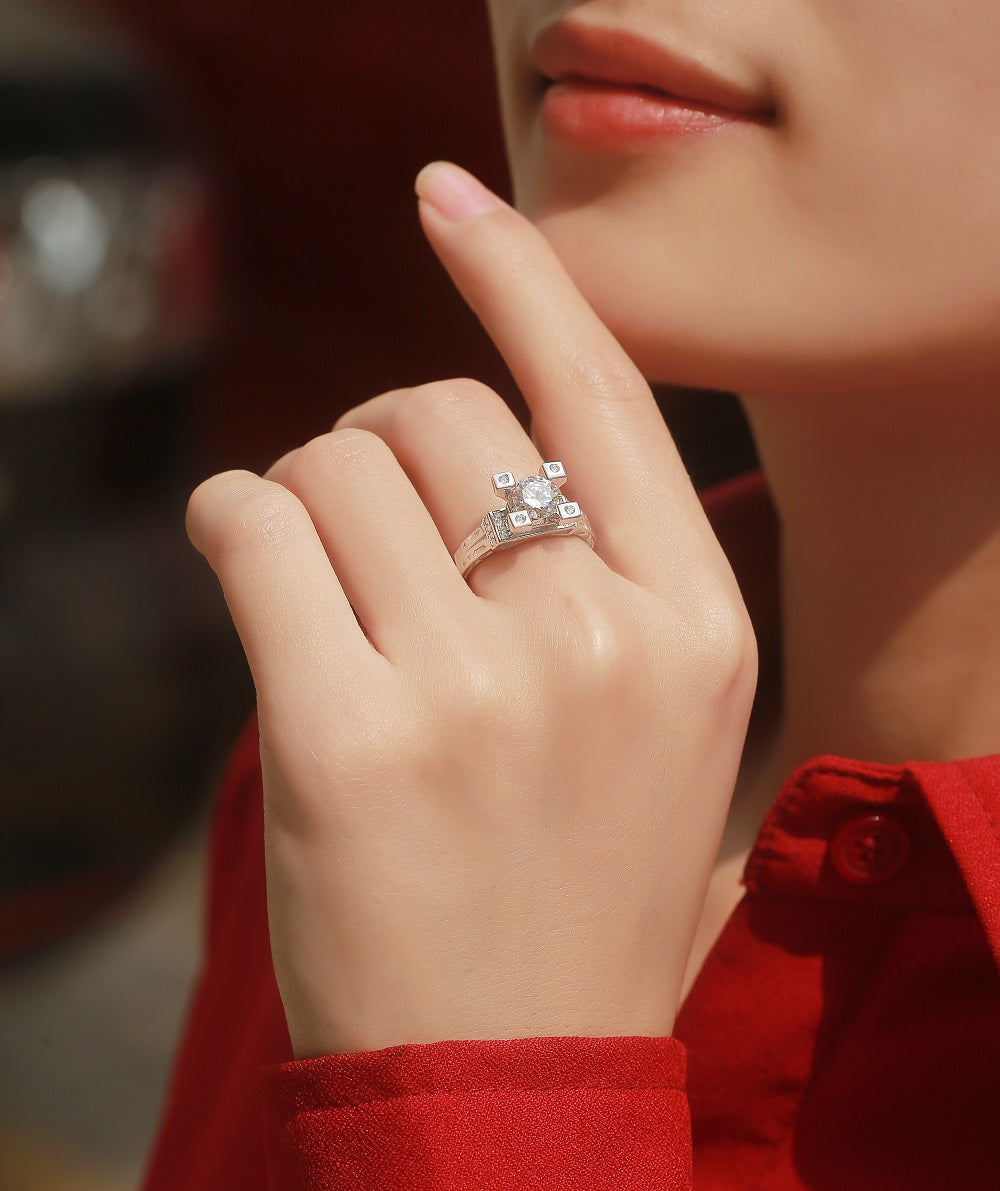 Diamond Tower Moissanite Ring - Elevated Center Stone in a Sleek Metal Setting