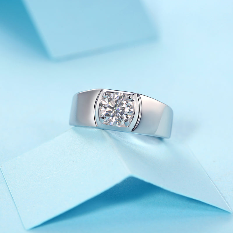 Men’s Moissanite Diamond Ring – Sterling Silver, White Gold Plated, Perfecto Design