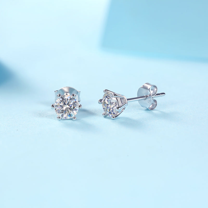 Women’s Moissanite Stud Earrings – Sterling Silver, White Gold Plated, Sunny Snow Design
