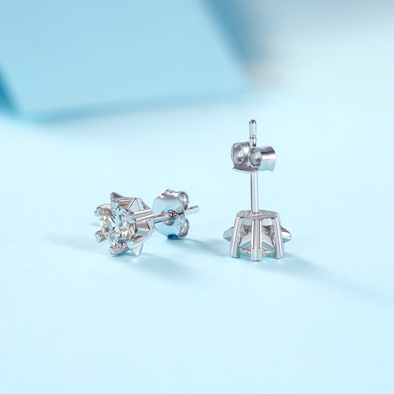 Women’s Moissanite Stud Earrings – Sterling Silver, White Gold Plated, Starburst-Inspired Design