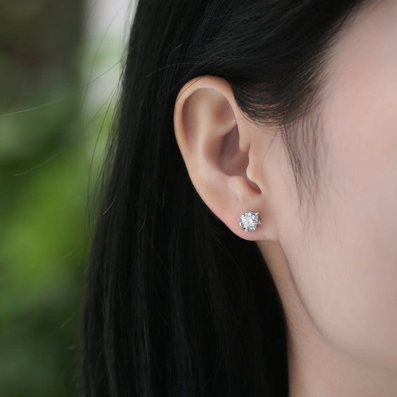 Moissanite Stud Earrings – Starburst Design, Radiant Stones, Polished Metal Frame