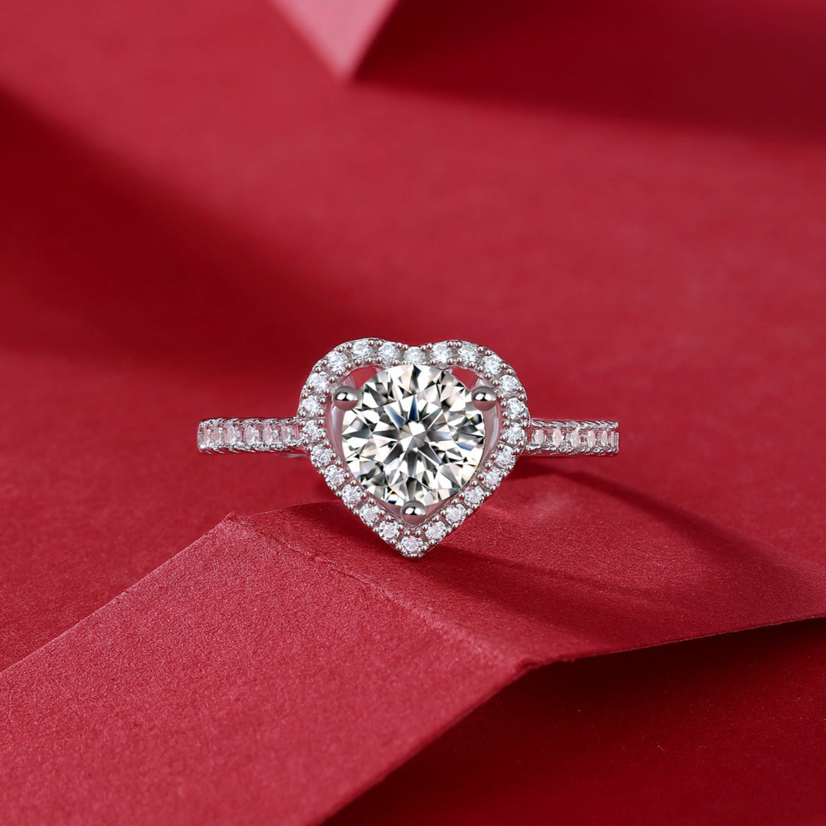 Women’s Moissanite Diamond Engagement Ring – Sterling Silver, White Gold Plated, Heartfelt Love Design