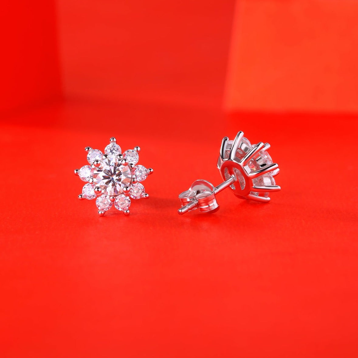 Luxury Moissanite Stud Earrings - Polished Metal Frame with Brilliant-Cut Stones