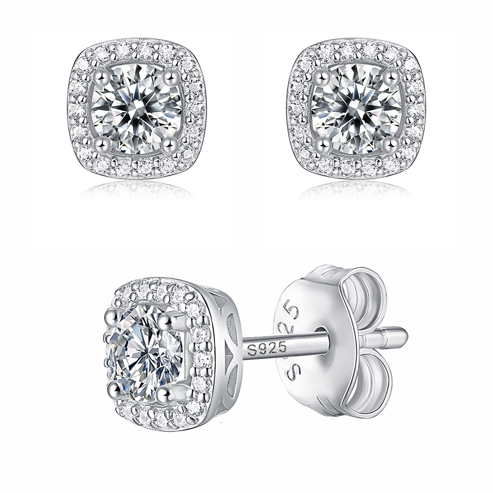 Moissanite stud earrings with a universe-inspired design, featuring dazzling stones set in a sleek metal frame, capturing cosmic elegance and timeless brilliance.