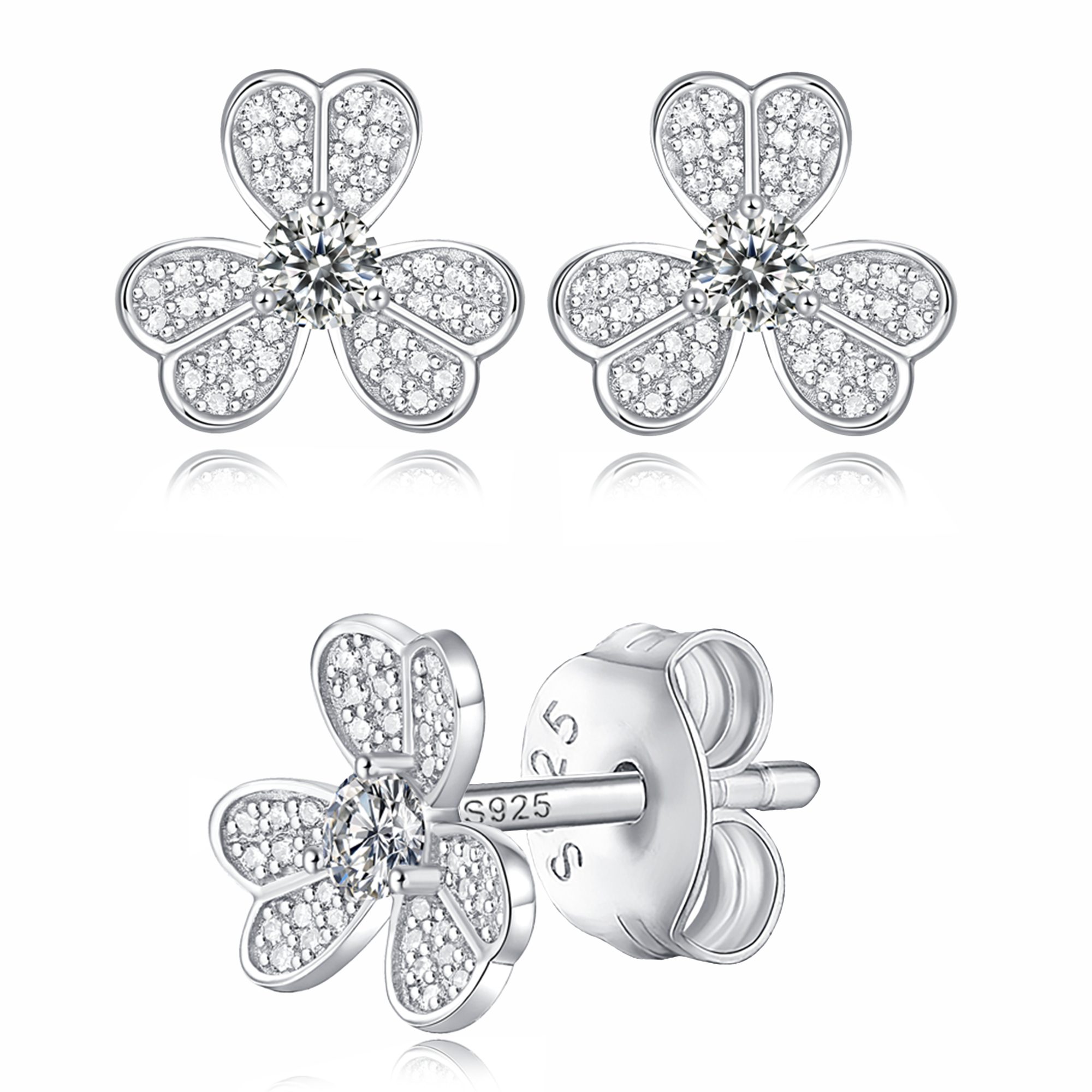 Moissanite stud earrings with a clover-inspired design, featuring sparkling stones arranged in a four-leaf pattern set in a polished metal frame for a timeless and elegant look.