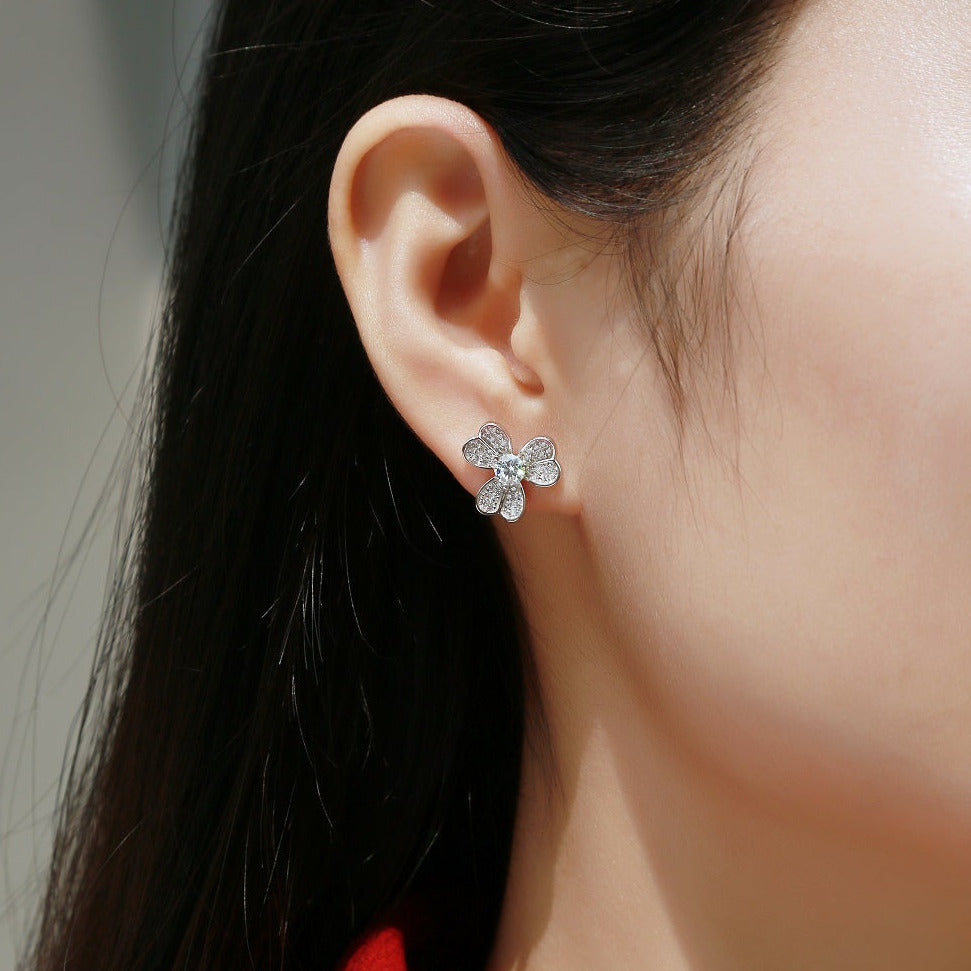 Clover-Inspired Moissanite Stud Earrings - Sparkling Four-Leaf Design in Polished Metal