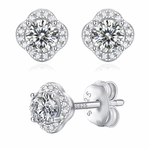 Moissanite stud earrings with a bloom-inspired design, featuring intricately arranged sparkling stones set in a polished metal frame for a delicate and elegant look.