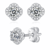 Moissanite stud earrings with a bloom-inspired design, featuring intricately arranged sparkling stones set in a polished metal frame for a delicate and elegant look.