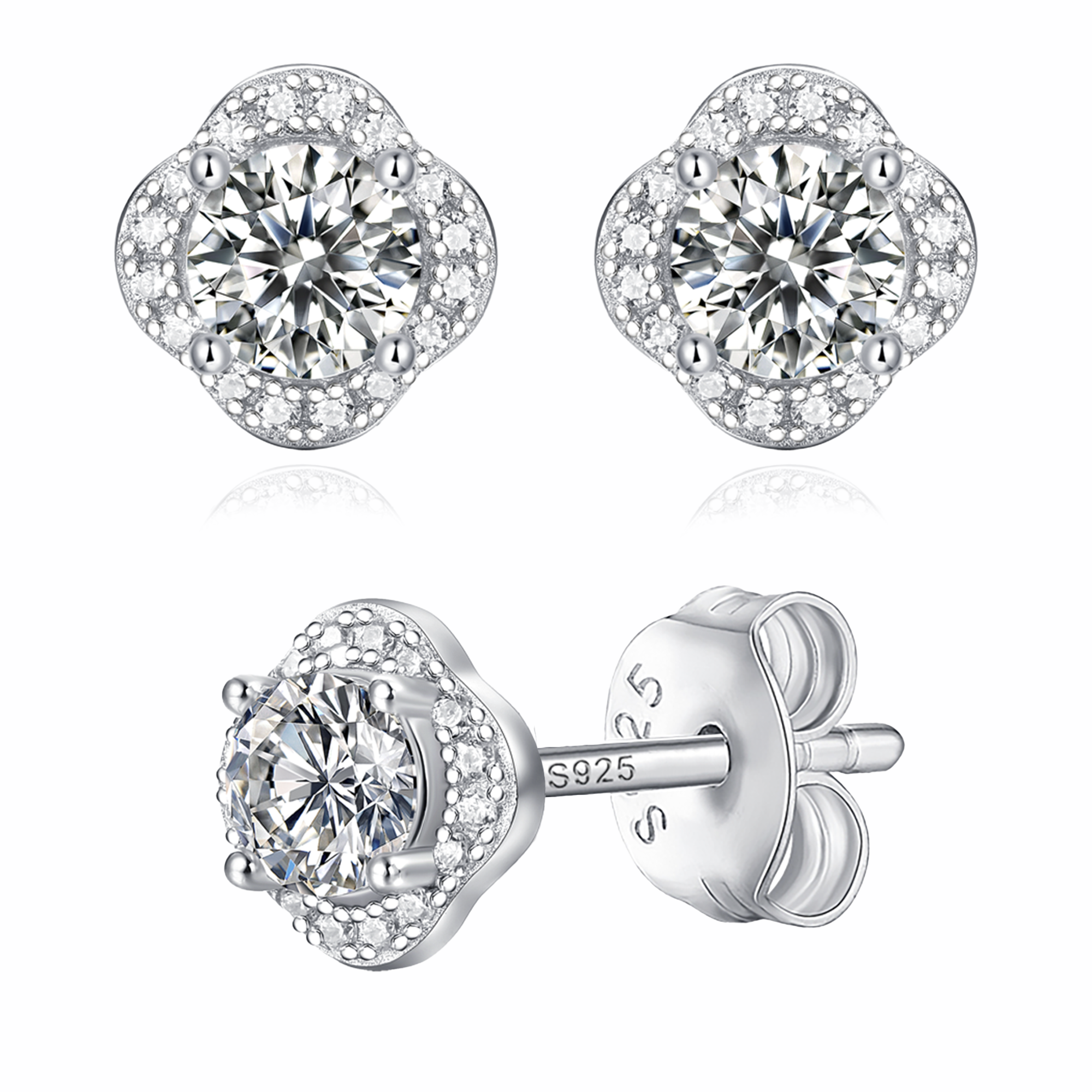 Moissanite stud earrings with a bloom-inspired design, featuring intricately arranged sparkling stones set in a polished metal frame for a delicate and elegant look.