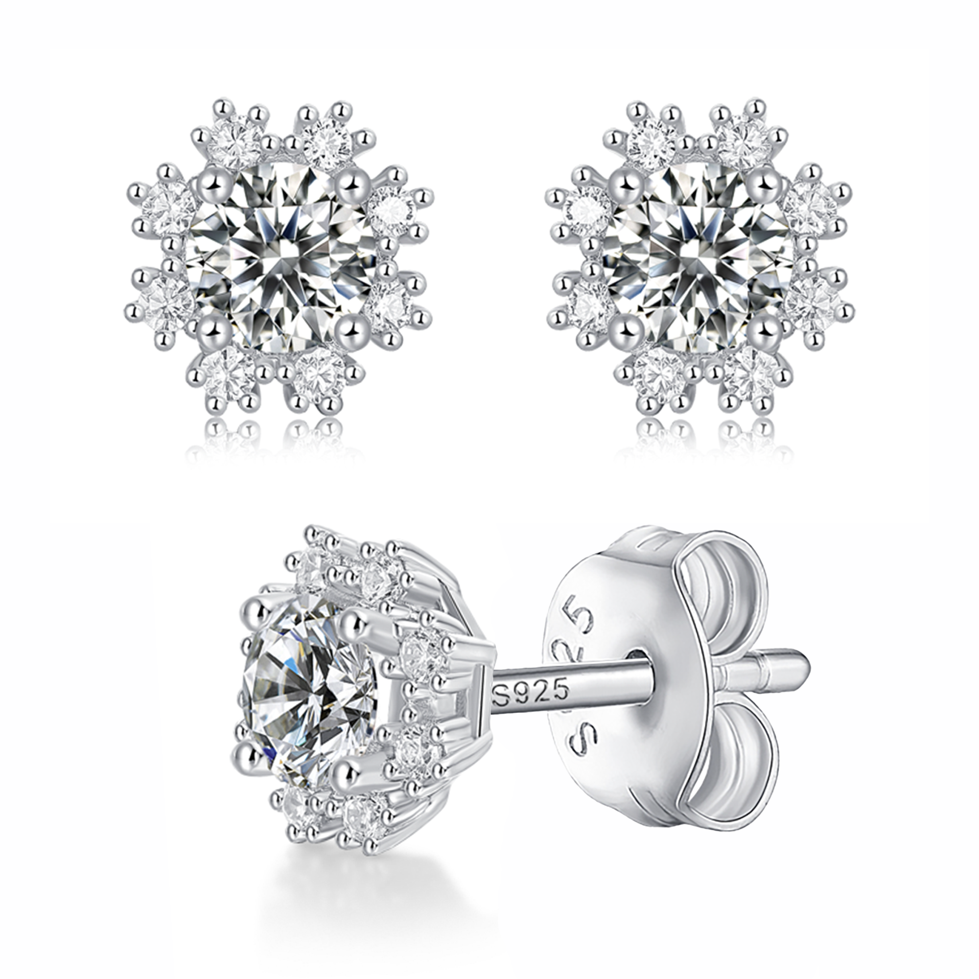 Moissanite stud earrings with a romantic snowflake design, featuring intricately arranged sparkling stones set in a polished metal frame for a delicate and winter-inspired look.