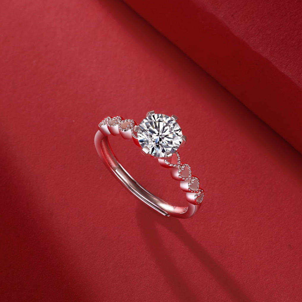 Women’s Moissanite Diamond Engagement Ring – Sterling Silver, White Gold Plated, Heart to Heart Design