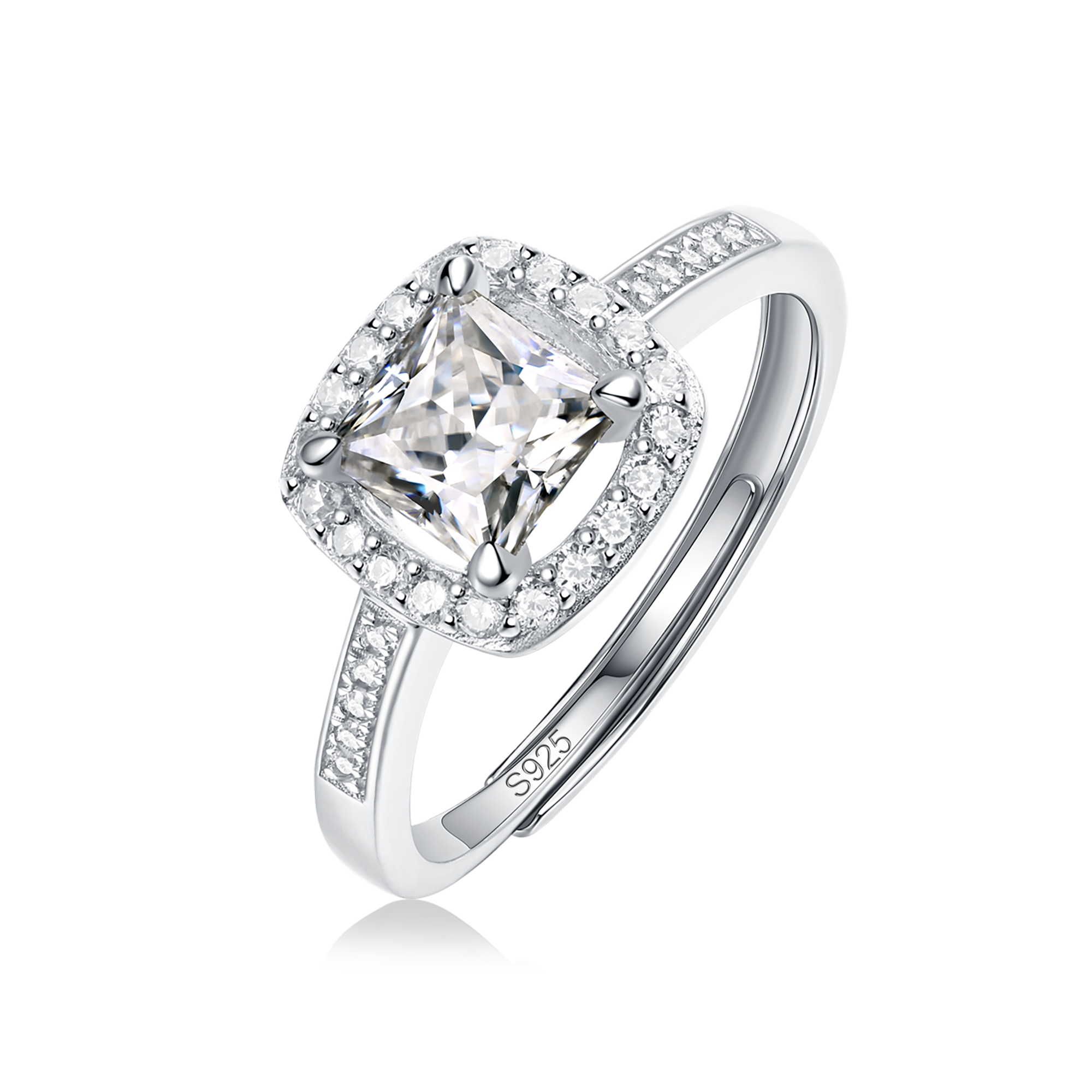 Moissanite engagement ring with a luminous square design, featuring a radiant square-cut center stone set in a sleek metal band for a modern and elegant look.