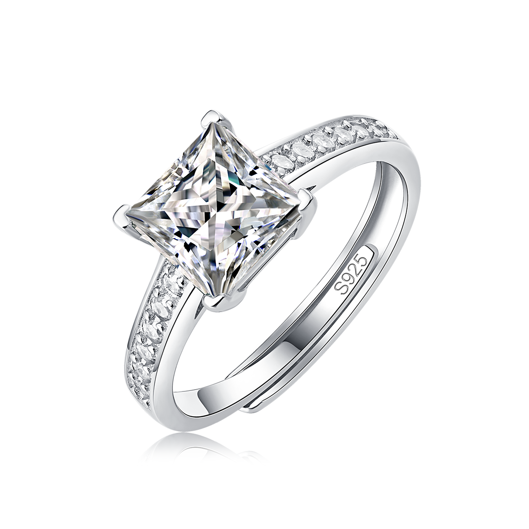 Moissanite engagement ring with a regal reflection design, featuring a brilliant-cut center stone set in a refined metal band for a sophisticated and timeless look.