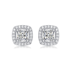 Moissanite stud earrings with a luminous square design, featuring precisely cut stones set in a sleek metal frame for a modern and elegant touch.