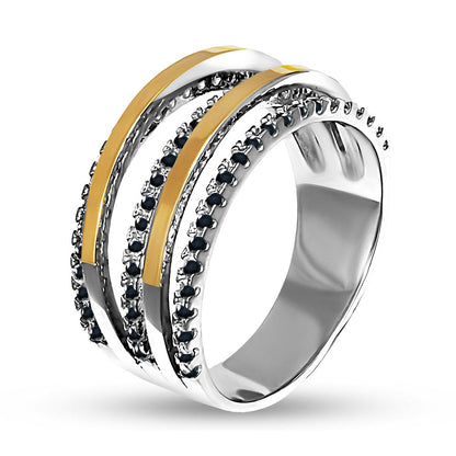 14K Gold Bonded Ring | Black Pavé Rails | Sterling Silver