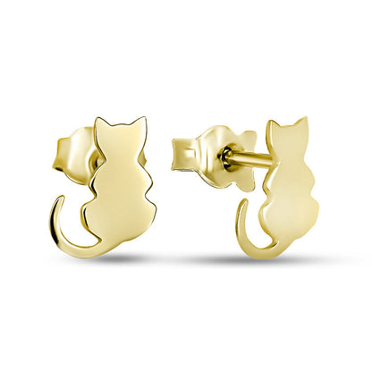 14K Gold Plated Stud Earrings Golden Cat, sterling silver