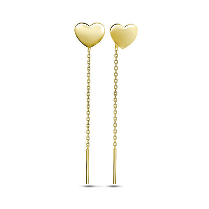 14K Gold Plated Threader Earrings Golden Heart Chain Tail, sterling silver