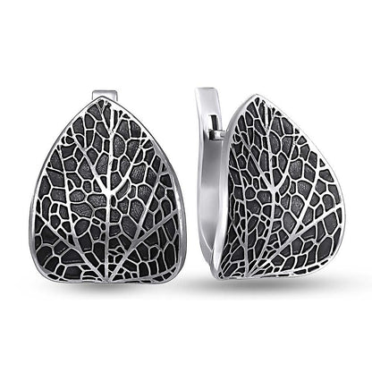 Sterling Silver Huggie Earrings Leaf Vein Blackened, sterling silver