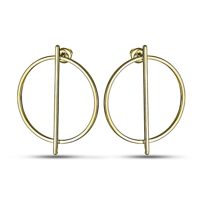 14K Gold Plated Stud Earrings Golden Circle & Bar, sterling silver
