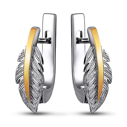 14K Gold Bonded Huggie Earrings Feather Quill, sterling silver