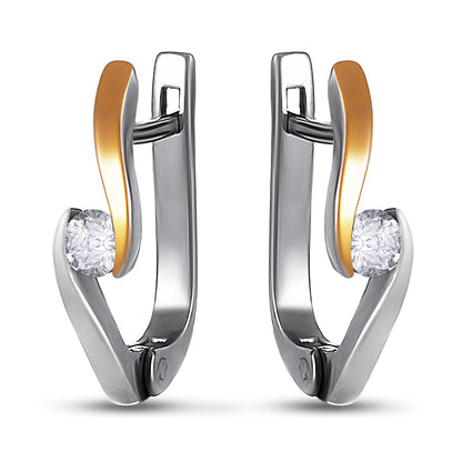 14K Gold Bonded Huggie Earrings Flame Solitaire, sterling silver