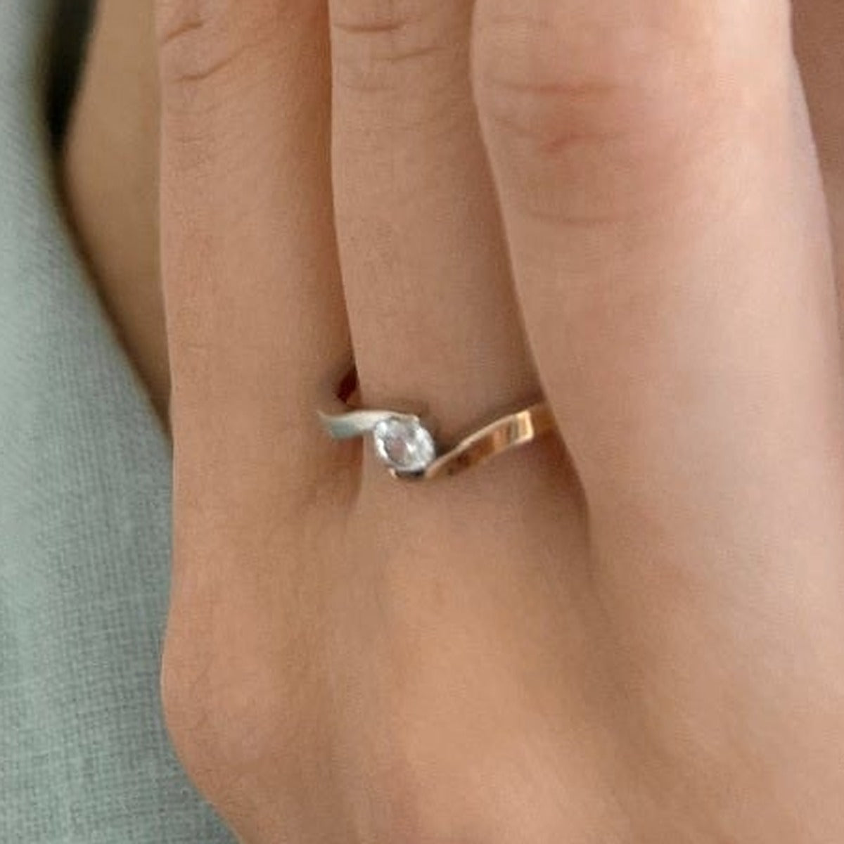 14K Gold Bonded Ring Golden Swoosh Solitaire, sterling silver, worn on hand