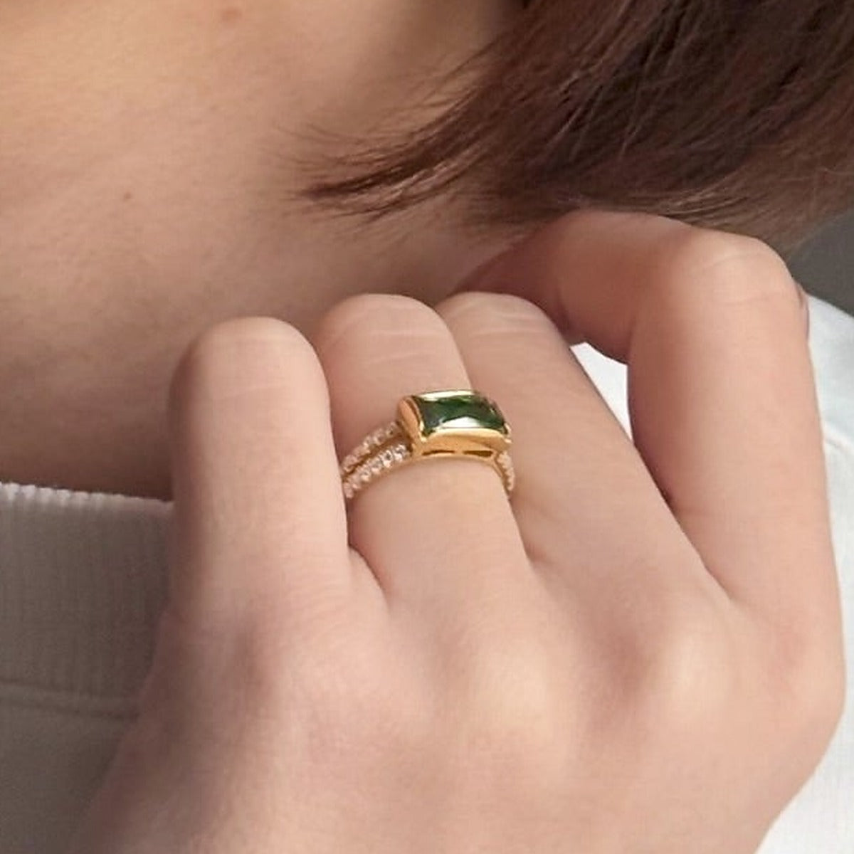 14K Gold Plated Ring Golden Baguette Noir, sterling silver, worn on hand