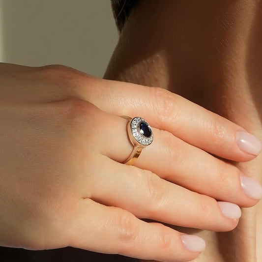 14K Gold Bonded Ring Halo Stack Blue, sterling silver, worn on hand