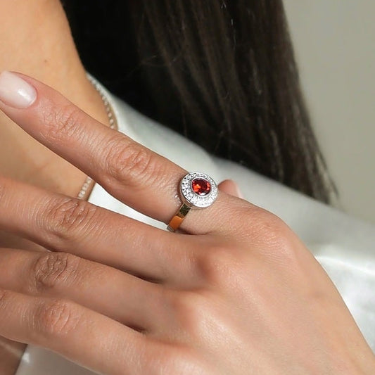 14K Gold Bonded Ring Halo Stack Red, sterling silver, worn on hand