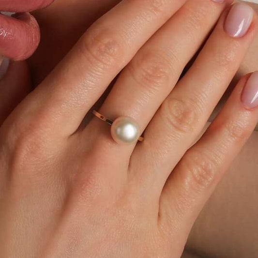 14K Gold Bonded Ring Shell Pearl Solitaire, sterling silver, worn on hand