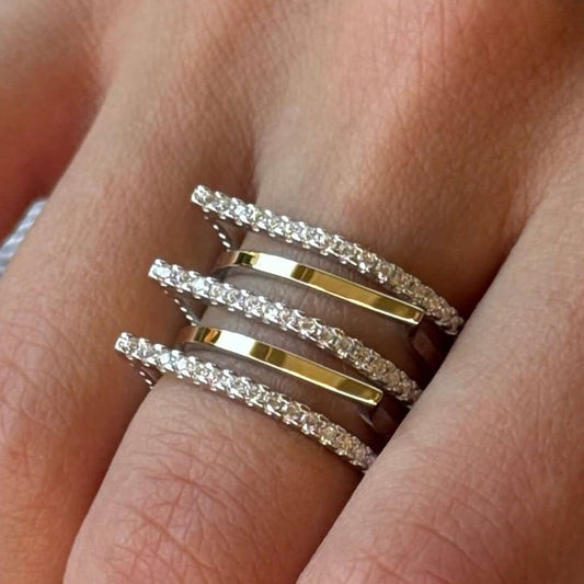 14K Gold Bonded Ring Zigzag Cage, sterling silver, worn on hand
