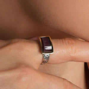 14K Gold Bonded Ring Purple Cat’s Eye Signet, sterling silver, worn on hand