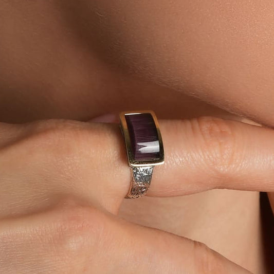 14K Gold Bonded Ring Purple Cat’s Eye Signet, sterling silver, worn on hand
