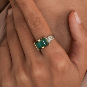 14K Gold Bonded Ring Green Cat’s Eye Signet, sterling silver, worn on hand