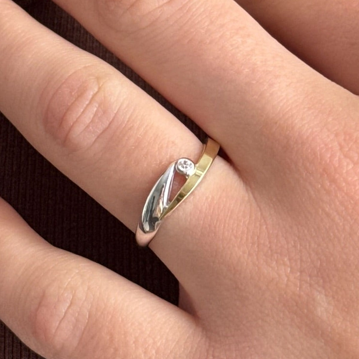 14K Gold Bonded Ring Bezel Wave, sterling silver, worn on hand