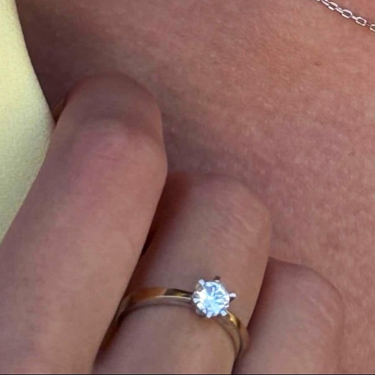 14K Gold Bonded Ring Six-Prong Solitaire, sterling silver, worn on hand